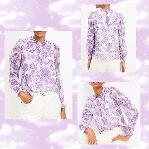 LOFT Women Petite Floral Clip Smocked Puff Sleeve Blouse Large